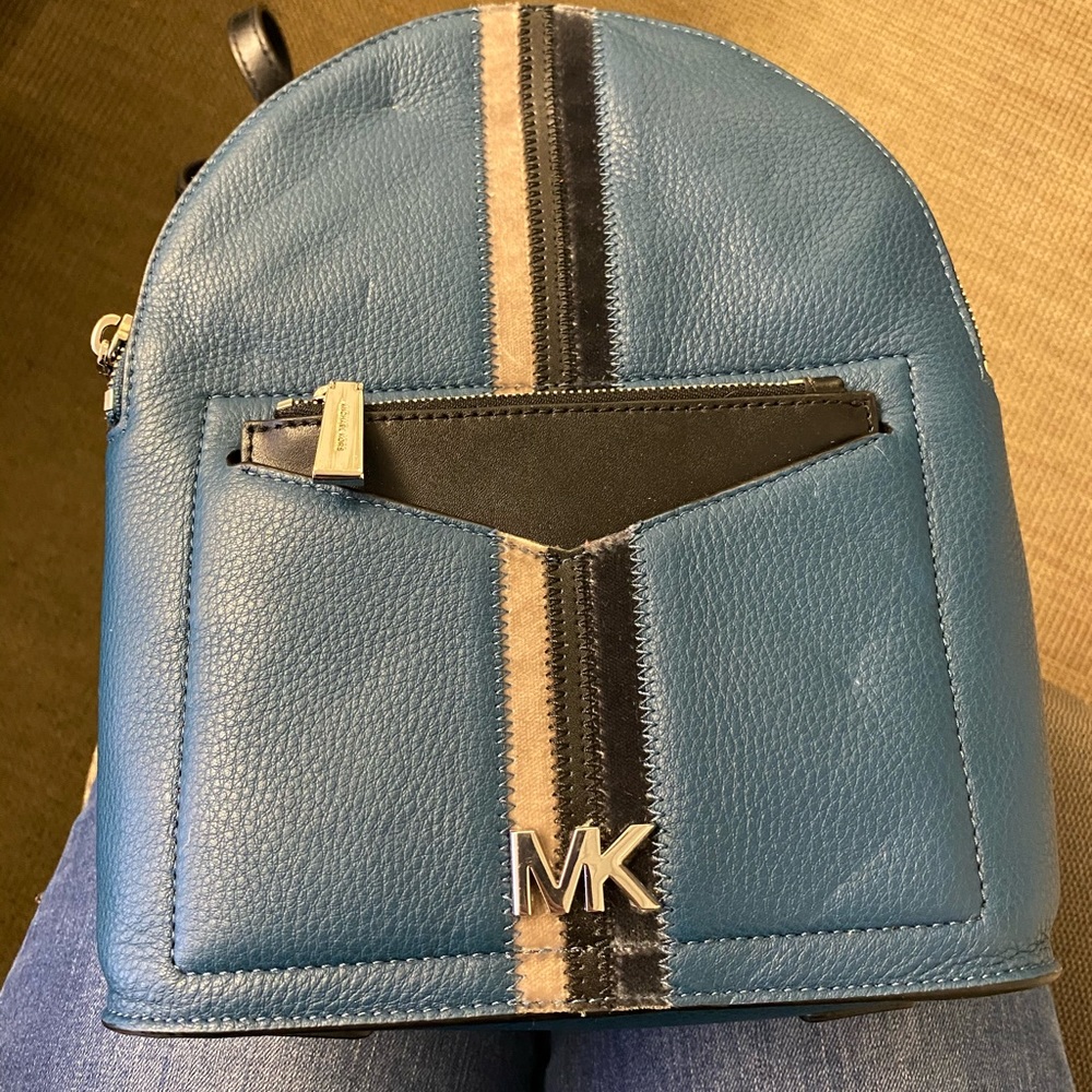 Michael Kors Teal Blue Leather Backpack with Black and Tan Stripes